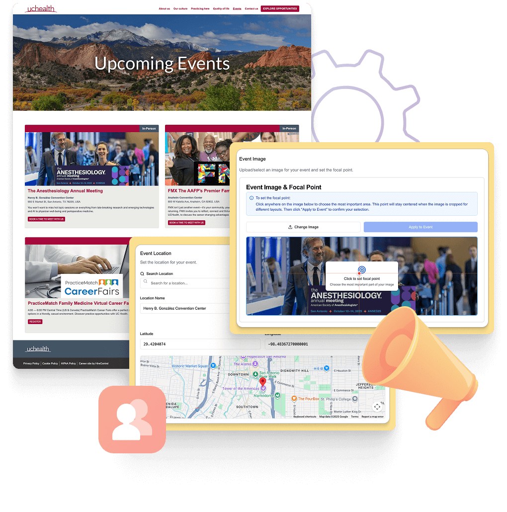 A job details page with a magnifying glass over an event callout